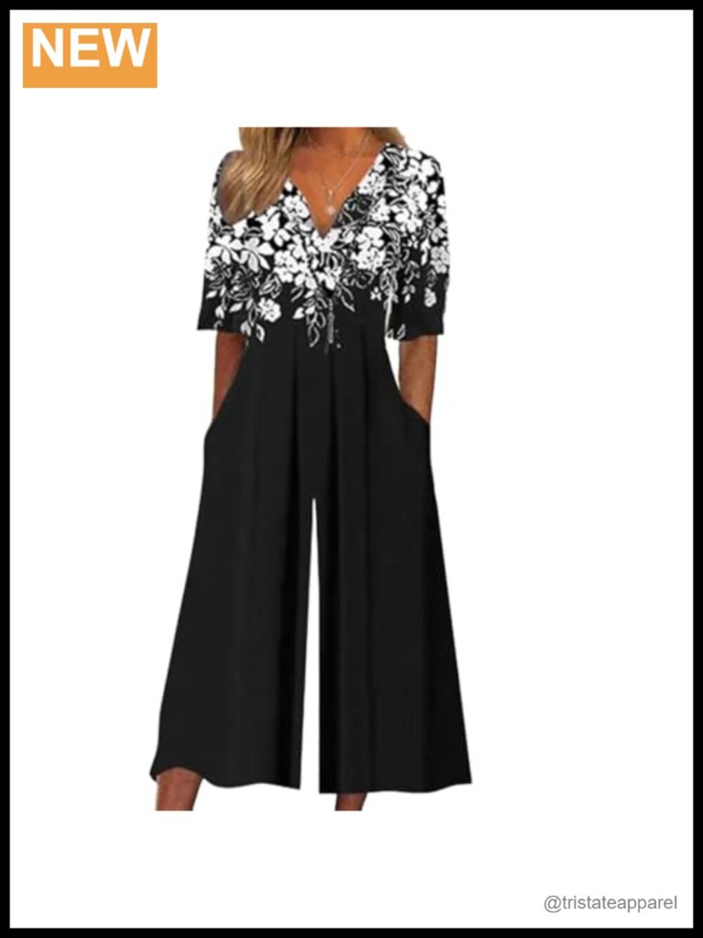 Women's Boho Floral Print V Neck Short Sleeve Wide Leg Jumpsuit with Pockets